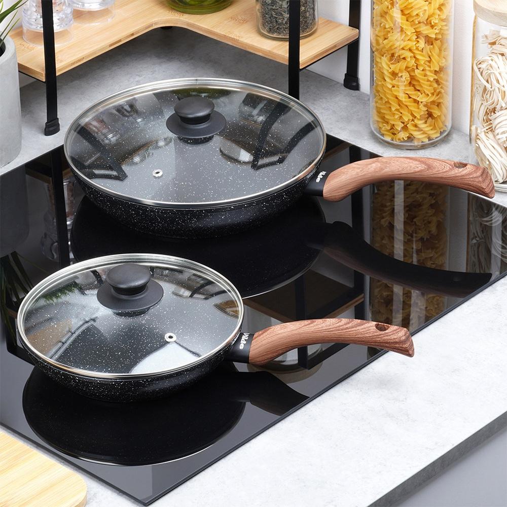 Set Of Granite Frying Pans With Glass Lids Black&Wood 20/26 Cm 2 Pcs.