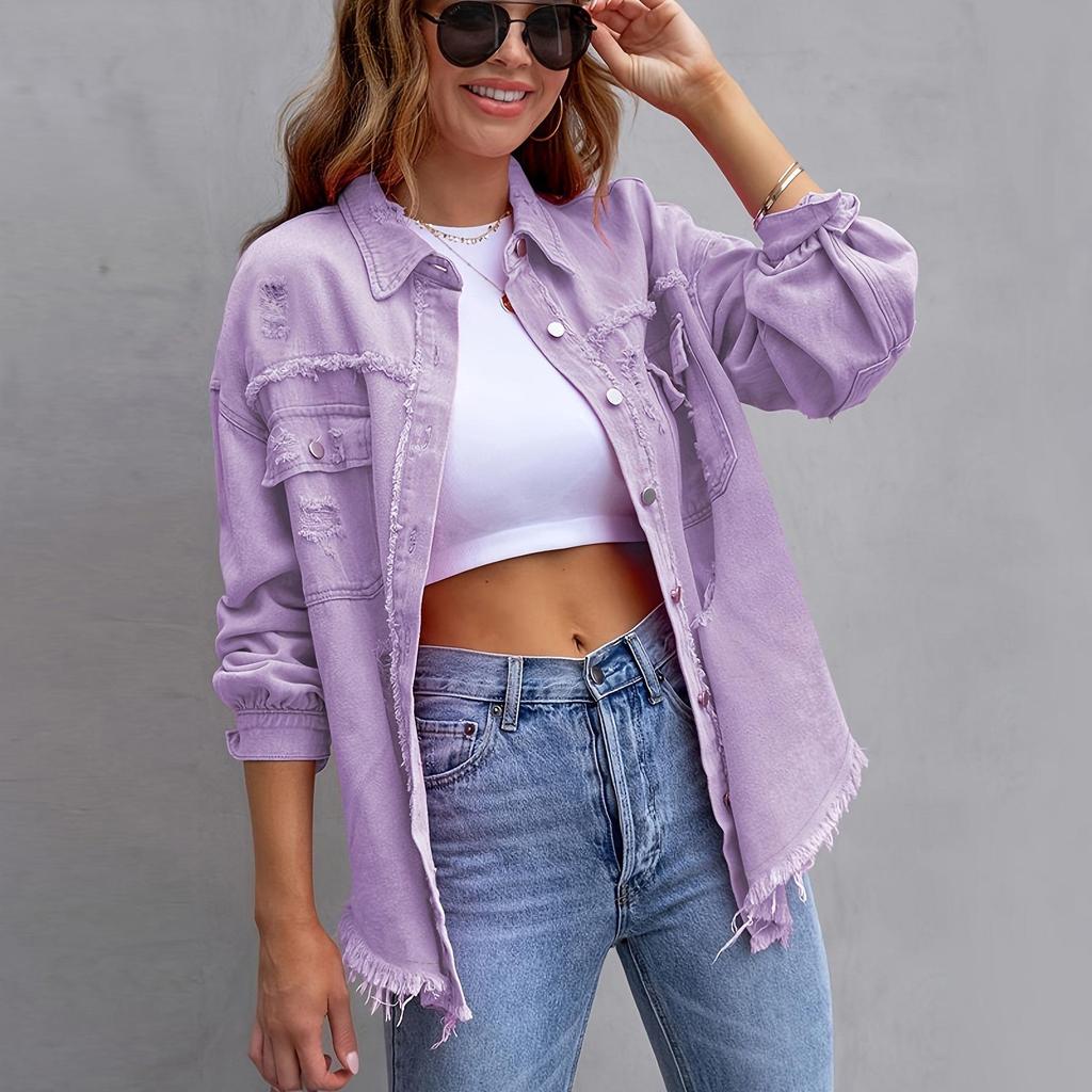 Women's Ripped Denim Jacket - Solid Color, Loose Fit, Long Sleeve, European & American Style