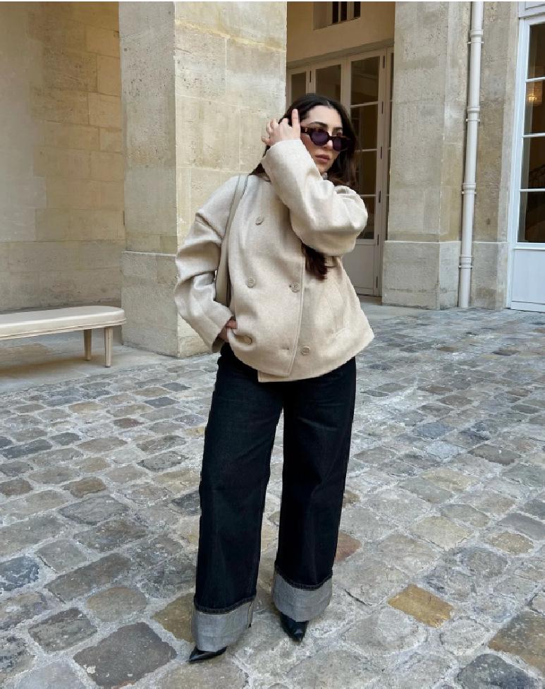 2025 Solid Color Double-Breasted Stand-Up Collar Short Coat - Long-Sleeved, Autumn/Winter