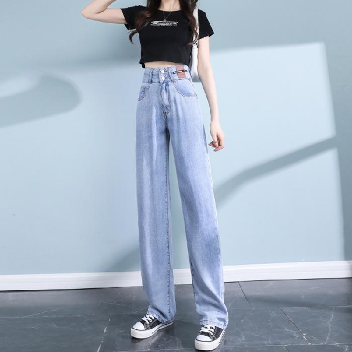 

Весенние и летние шелковые джинсы для женщин. Летние новые тонкие стройнящие прямые брюки с высокой талией из ледяного шелка с драпировкой в пол. Широкие брюки. 2XL