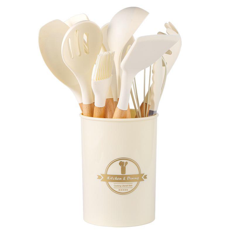 12-Piece Silicone Kitchen Tool Set: High-Temp Resistant Non-Stick Utensils with Wooden Handles, Includes Spatulas and Soup Ladle