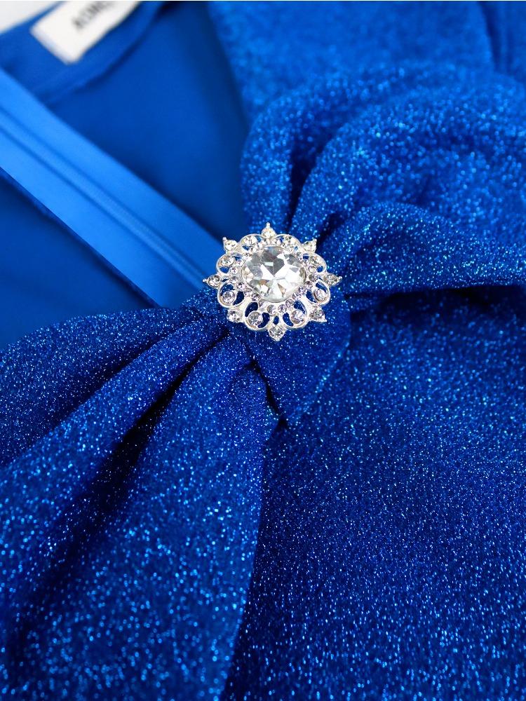 Blue Pleated Long Casual Dresses for Womenvintage Dress Mid Calf Turn Down Collar Short Sleeves High Waist Slim Dress 2025