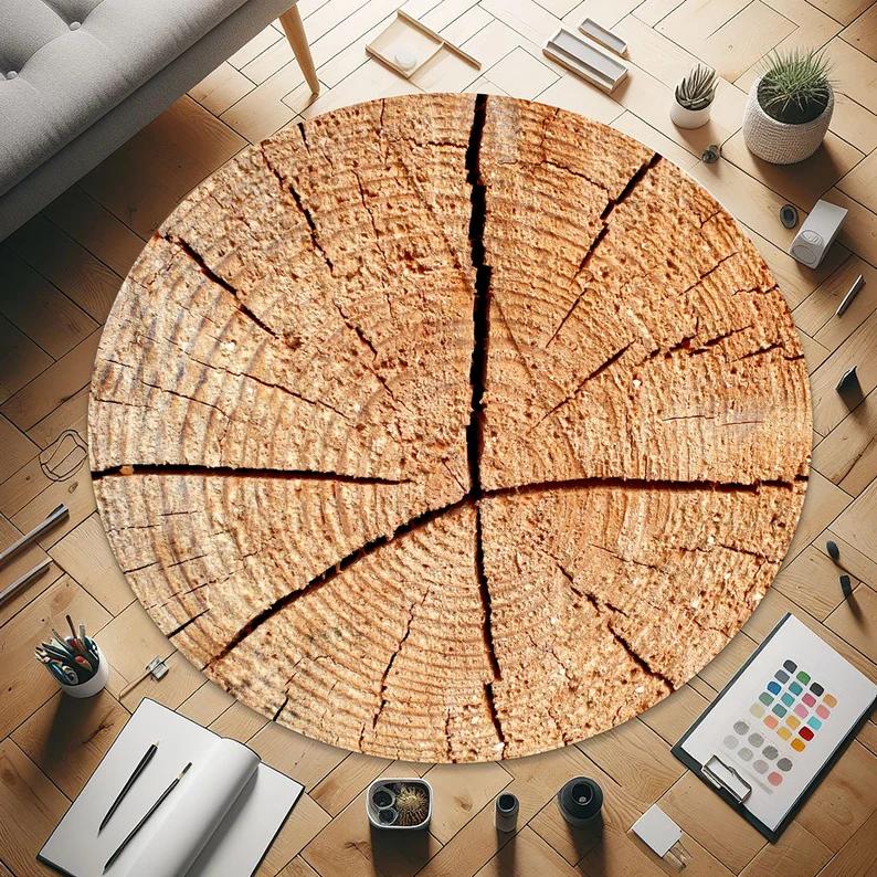 Natural Woodland Charm Tree Ring Pattern Round Rug Wood Log Floor Mat Trunk-Inspired Carpet Decorative Wood Crack Design Room