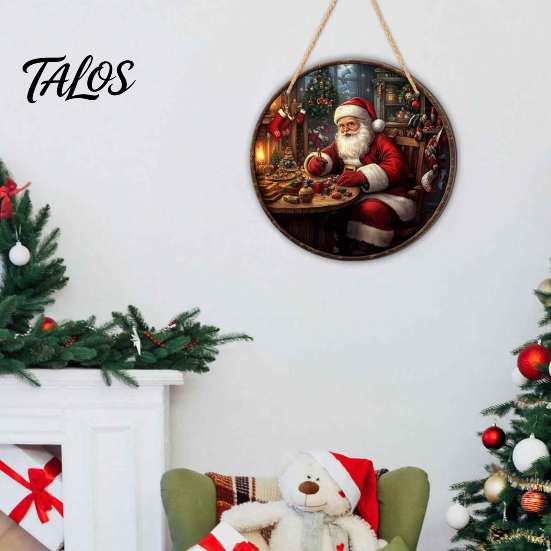 Rustic Christmas Wall Decor Wooden Round Hanging Sign, Santa Claus Highland Cow Winter Theme Farmhouse Holiday Art Door Decor, Welcome Ornament