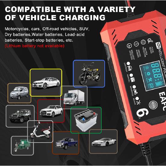 Chargeur de Batterie de Voiture 6A 12V Dispositif de Charge de Batterie de Voiture et de Moto Batterie Plomb-acide Réparation Intelligente Écran LCD