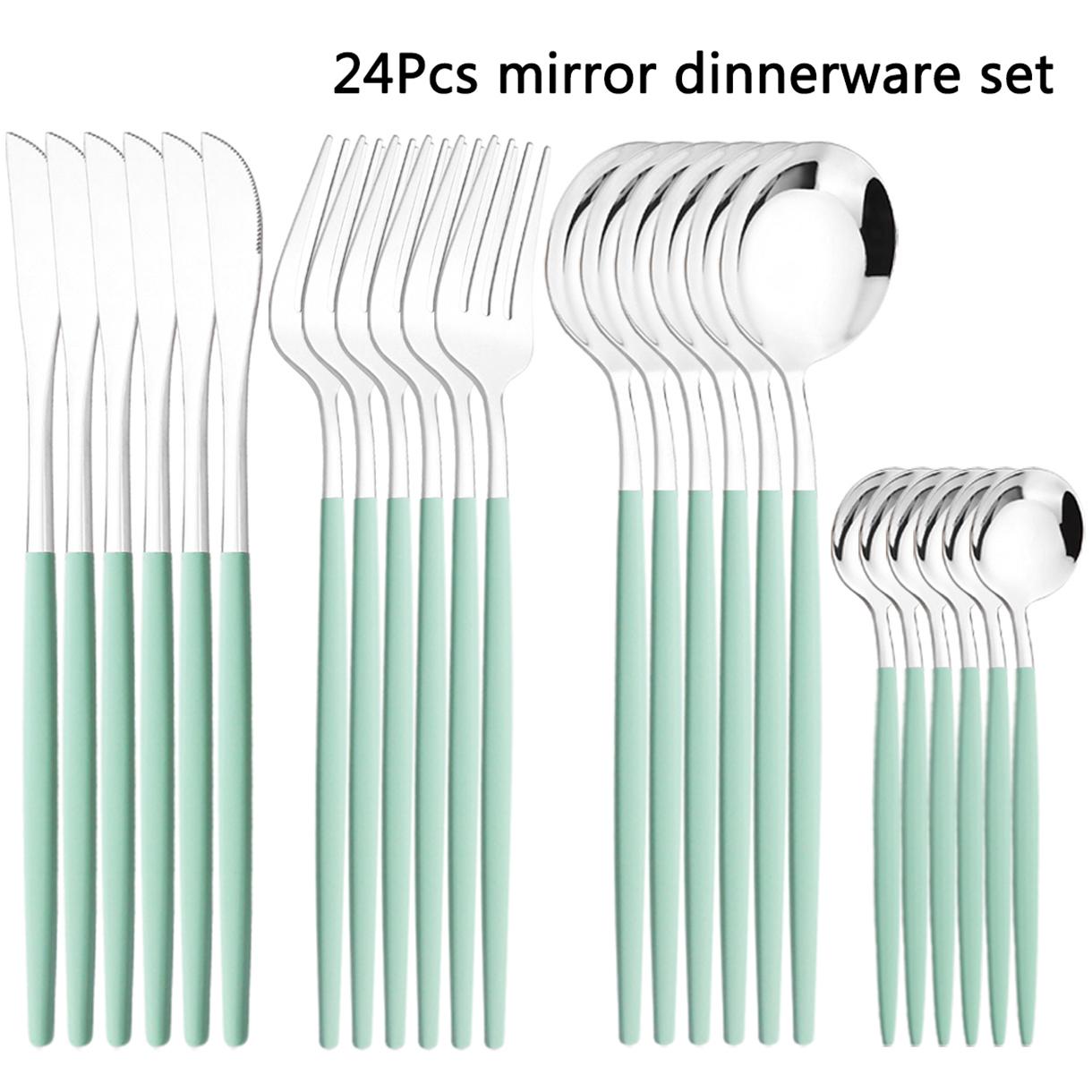 

24 шт., черный набор столовых приборов, западные обеденные ножи, вилка, чайная ложка, набор столового серебра, зеркало, посуда из нержавеющей стали, посуда, кухонные столовые приборы для вечеринок мятный/серебряный