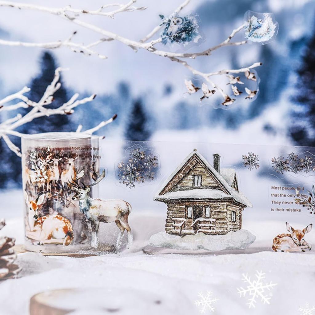 Kigofora Snölandsskog Collage Genomskinlig PET Djurskog Snölandskap Serie Flake Mokkiri Vinterskog Rulle DIY Dekorativa Klistermärken för Gåva