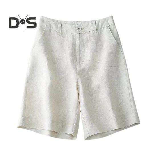 Pantaloni scurți pentru femei cu talie înaltă, cu fermoar, cu nasturi, pantaloni scurți casual, cu buzunare, culoare uni, pantaloni scurți până la genunchi.