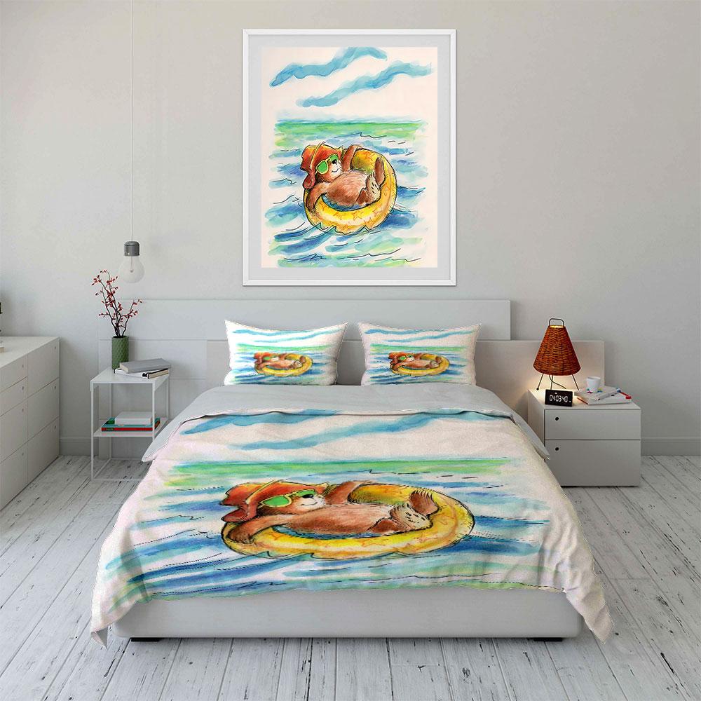 Relaxing Bear In Summer Float Bedding Duvet Cover Set Duvet Cover Pillowcases (1*Duvet Cover 2*Pillowcases, Without Duvet Insert)