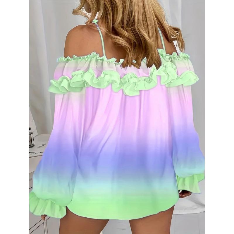 YYFS Women's Fashion Casual Spring Autumn Colour Block Print Long Sleeve One Shoulder Blouses & Shirts