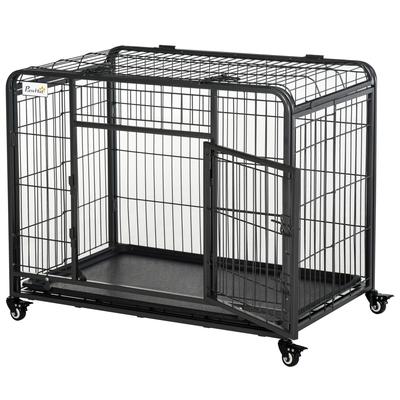 Gabbia per Cani in Metallo Canile Porta con Serratura & Ruote Vassoio Rimovibile Parte Superiore Apribile Per Animali di Taglia Media 94 x 58 x 69.5 cm