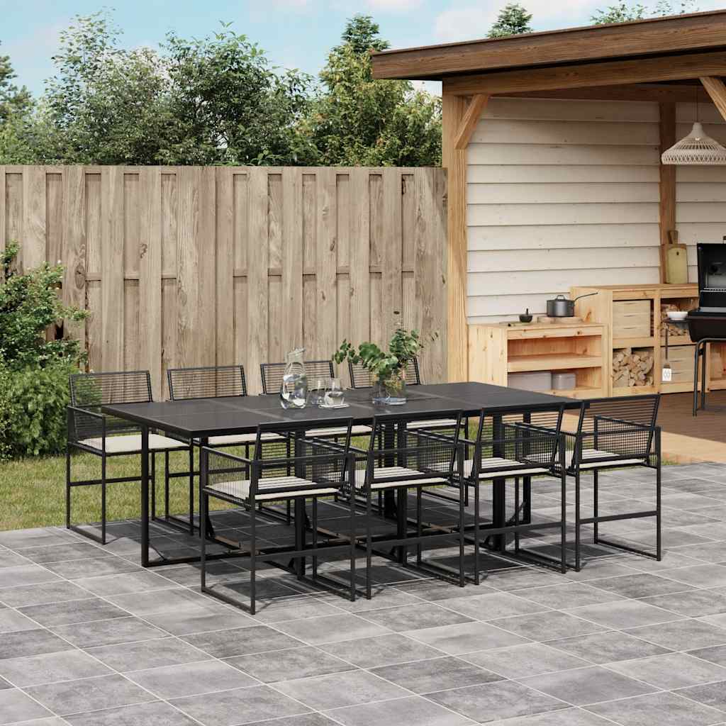9 Piece Outdoor Dining Set with Cushions Black Poly Rattan