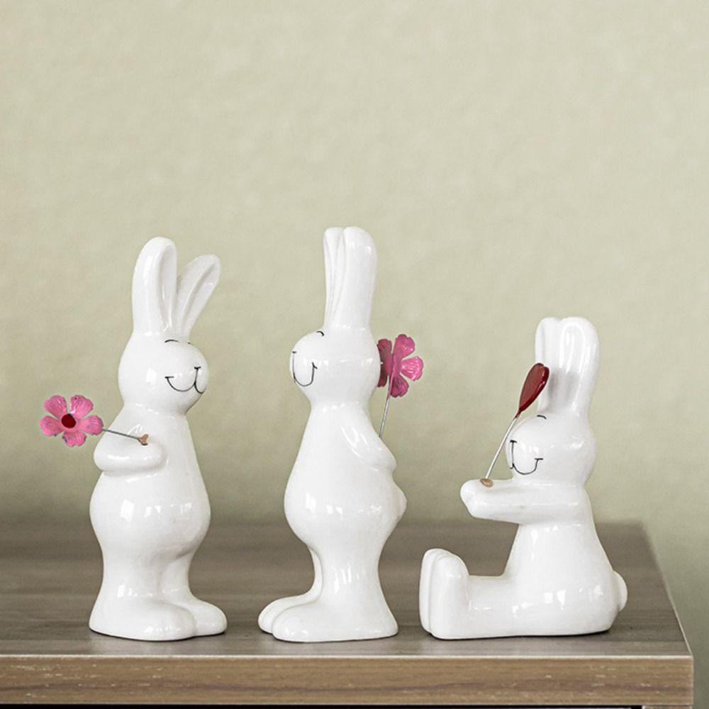 3pcs Cute Couple Rabbit Figurine Ceramic Bunny Statue Animal Sculpture Christmas