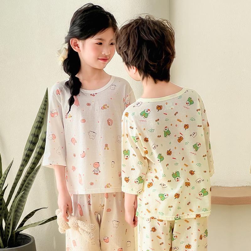 Kids' Pure Cotton Summer Pajama Set: Boys & Girls Three-Quarter Sleeve Homewear