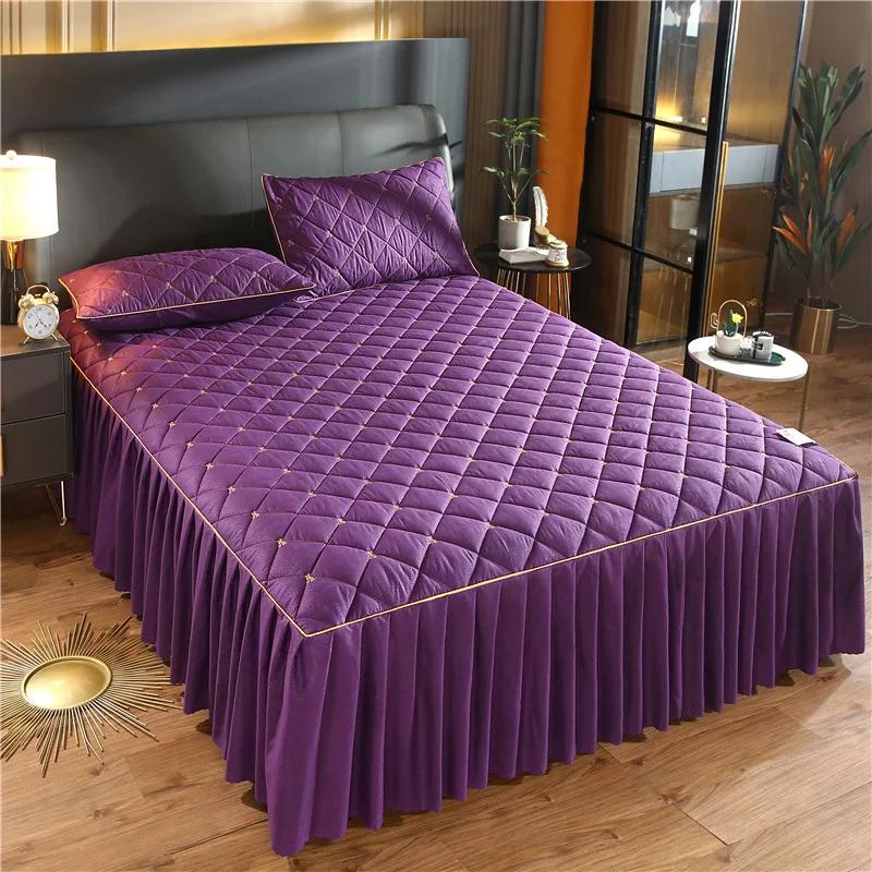 Luxury Quilted Bed Skirt Winter Warm Thicken Velvet Bedspread King Good Hand Feeling Bed Cover Not Included Pillowcase