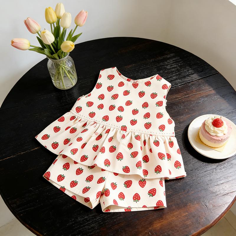 Girls Summer Strawberry Polka Dot Cami Top And Shorts Set Cute Baby Two Piece Outfit Casual Kids Clothing