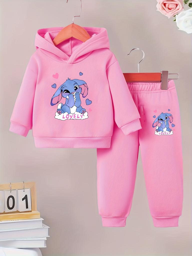 A Cute Two-piece Set of Cartoon Printed Fleece Hooded Long-sleeved Sweatshirts and Sweatpants for Infants and Toddlers in Spring