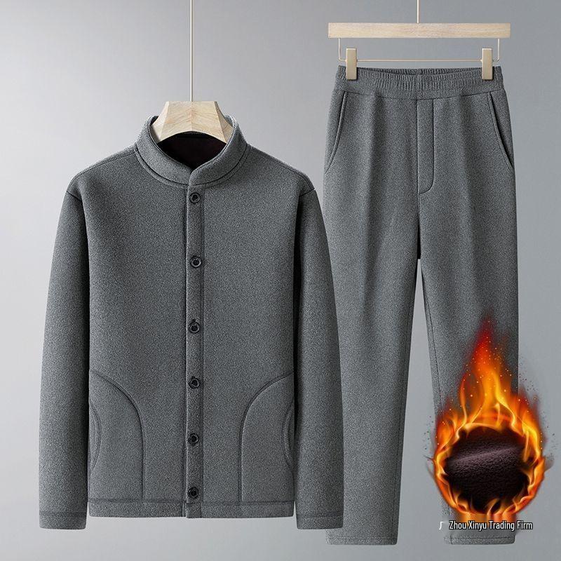 Winter Velvet Thickened Set for Middle-aged and Elderly Men: Dad's Cardigan and Grandpa's Warm Cotton Underwear