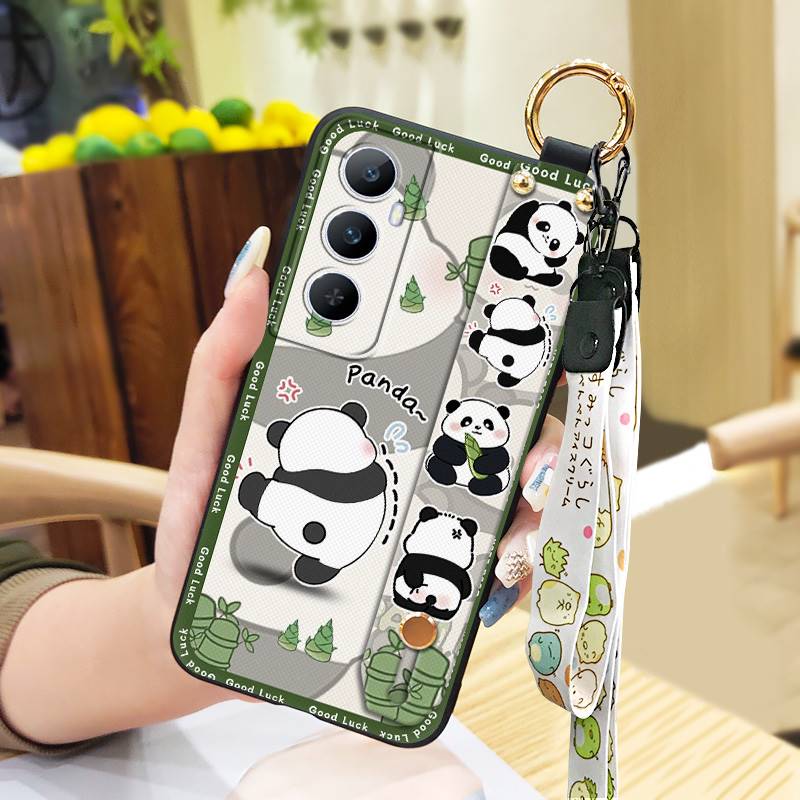 Wrist Strap Ring Phone Case For Realme C65 Waterproof Phone Holder Cute Protective Silicone Back Cover Panda Soft case