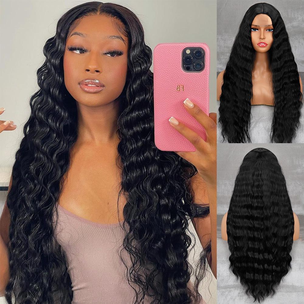 

MISS WIG Water Wave Loop Front Длинные синтетические парики для женщин Черный, Красный Золотой Вьющийся парик Ежедневное использование Термостойкое волокно Натуральные волосы