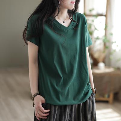 Dopamine Summer New Wear V-neck Labeling Loose Large Size Belly Cover Short Sleeve Foreign Style Top Women