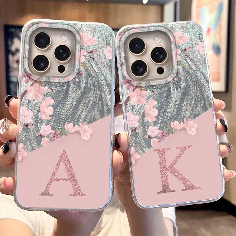 Case For iPhone 16 Pro Max 15 13 14 Plus 5G Phone Cover A-Z Letter Pink Flowers For iPhone 17 Air Shockproof Couple Hard Back