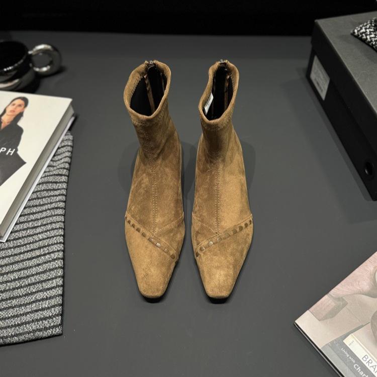 Korean version inner height-increasing suede short boots women's 2025 autumn and winter square head stitching thin boots rear zipper youth temper