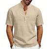 Men's New American Style Summer Henley V-Neck T-Shirt, Loose Breathable Linen Casual Commute Short Sleeve Tee