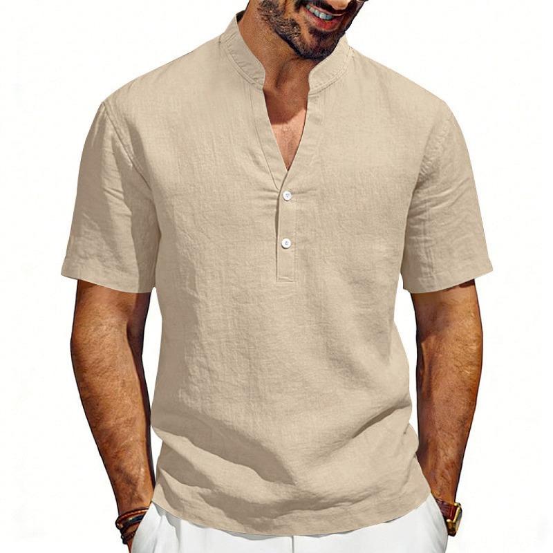 Men's New American Style Summer Henley V-Neck T-Shirt, Loose Breathable Linen Casual Commute Short Sleeve Tee