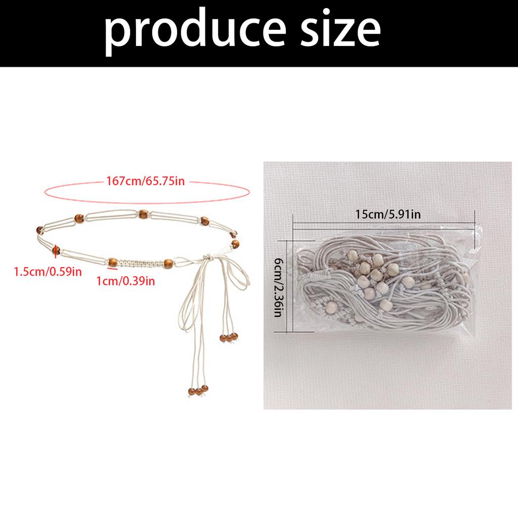 Women's Braided Belt Waist Strap Lanyard with Wooden Beads Accents Adjustable Waist Chain Bohemian Wearable