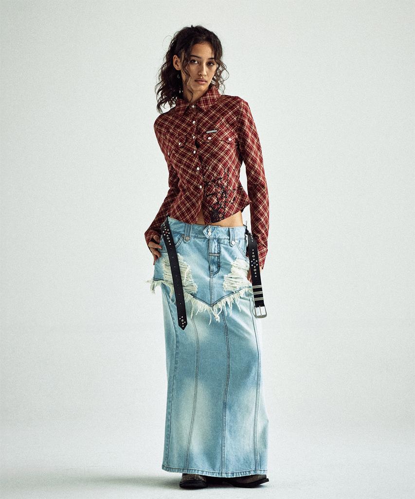 THEVINYLHOUSE Destroyed Double Denim Skirt Light Blue