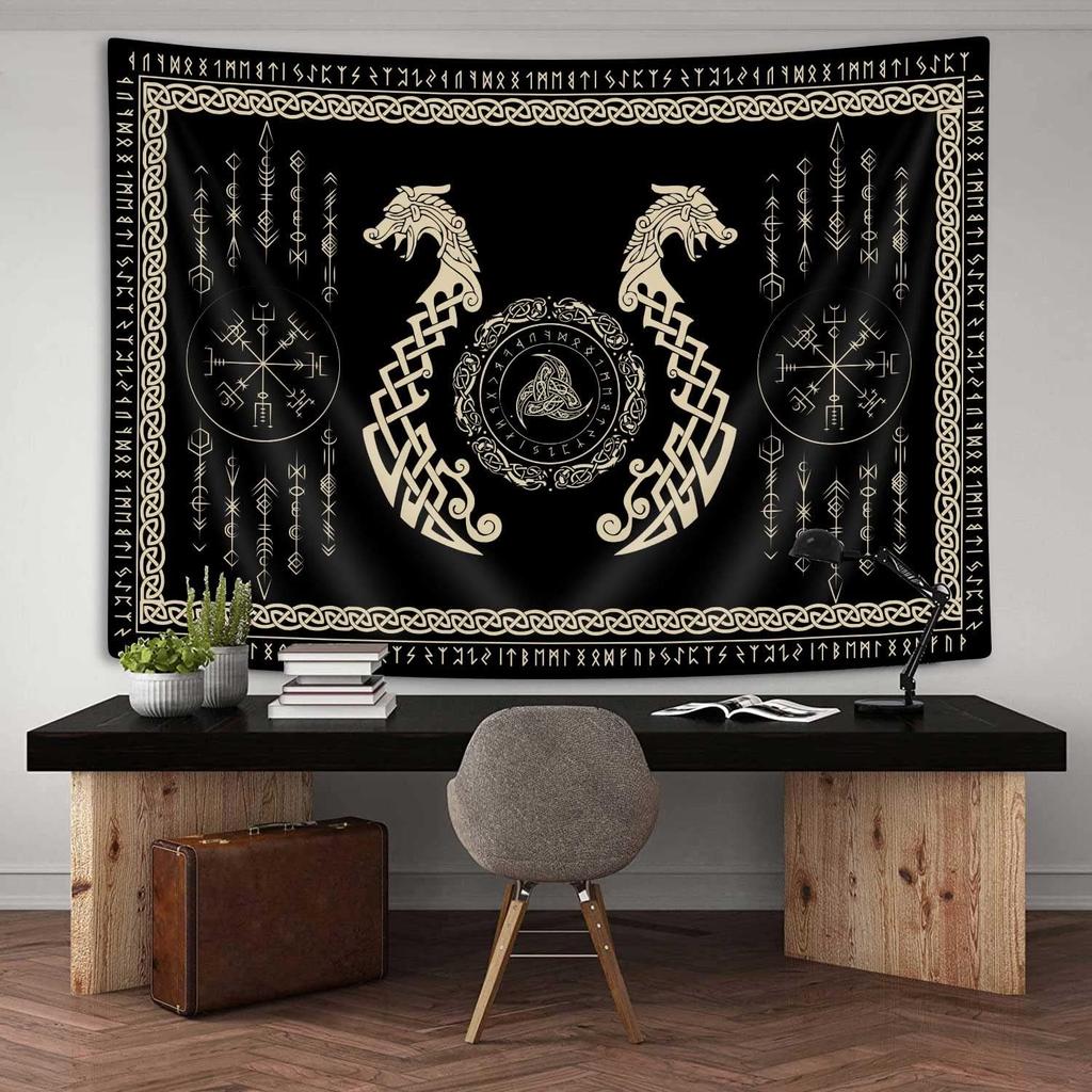 Viking Dragon Tapestry, Ancient Rune Dragon Totem Norse Mythology Wall Art Tapestries, Black White Mystical Geometric Norse