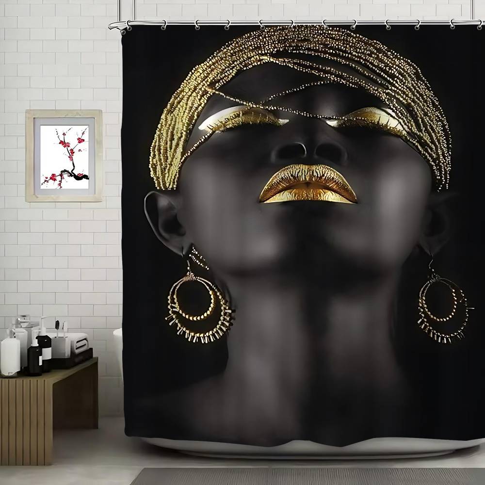 African Art Black And Gold Woman Oil Waterproof Polyester Shower Curtain Waterproof Bathroom Curtain Liners With 12 Hooks