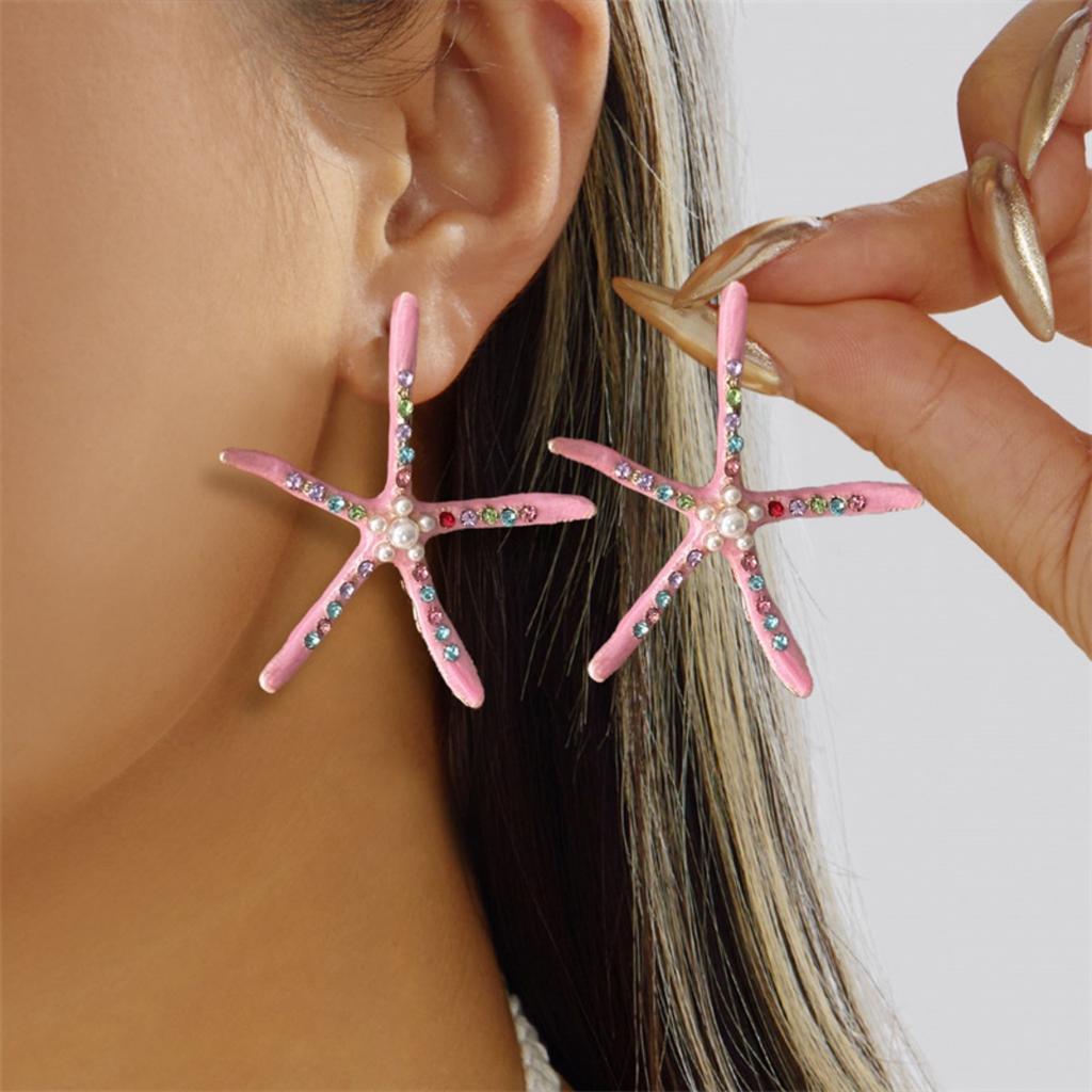 Süße Rosa Seestern Ohrstecker für Damen Bohemia Bunt Emaille Übertriebene Sternohrringe Anhänger Sommer Strand Schmuck Geschenk