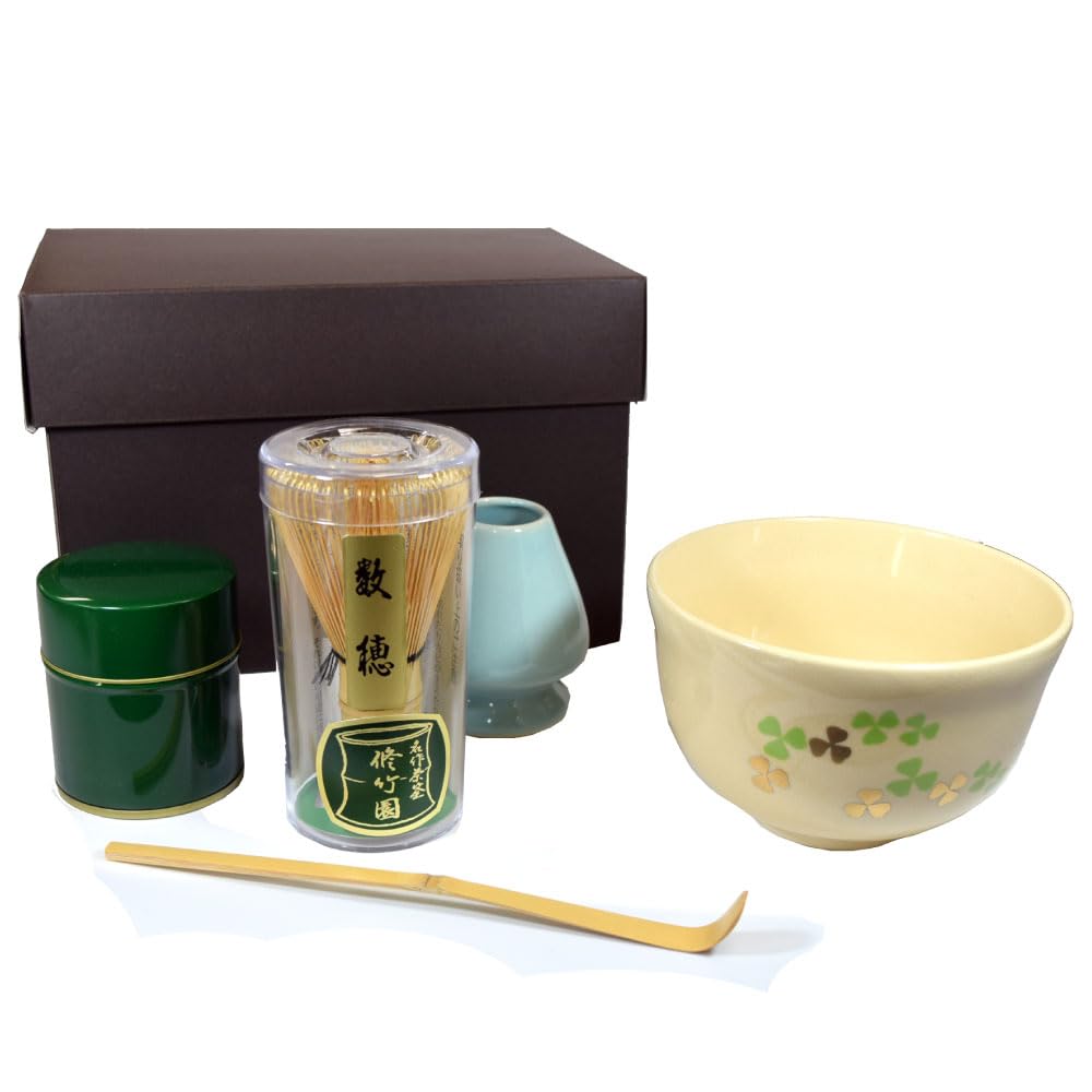 Okadaen Tea Ceremony Practice Set (Tea Bowl, Clover Chasen, Chasen Straightener, Tea Scoop, Matcha Canister)