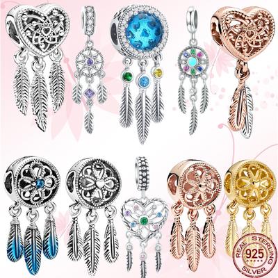 Duchovní lapač snů pozlacený růžovým zlatem 925 Sterling Silver Charm Beads Fit Originální módní náramek DIY Dámské šperky Dárek
