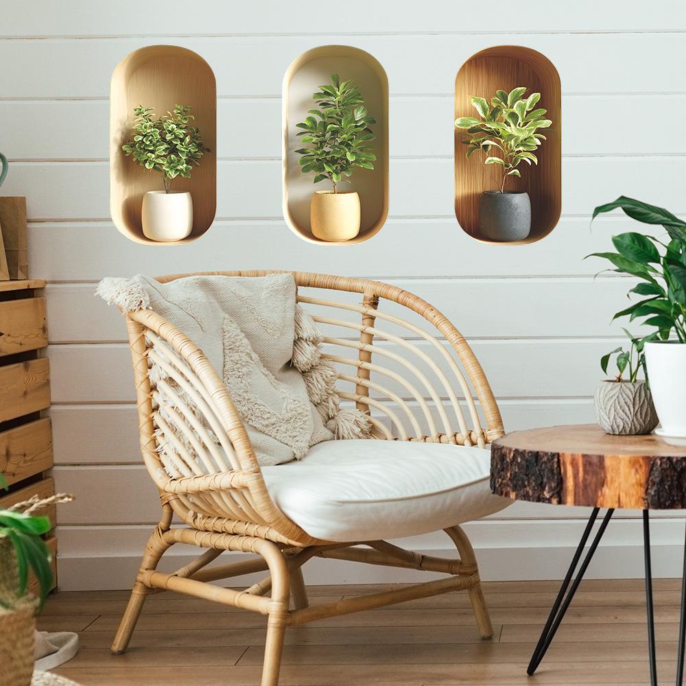 Elegant Green Plant Potted Plant Triptych, Entrance Hall, Dining Room Background, Wall Decoration Stickers