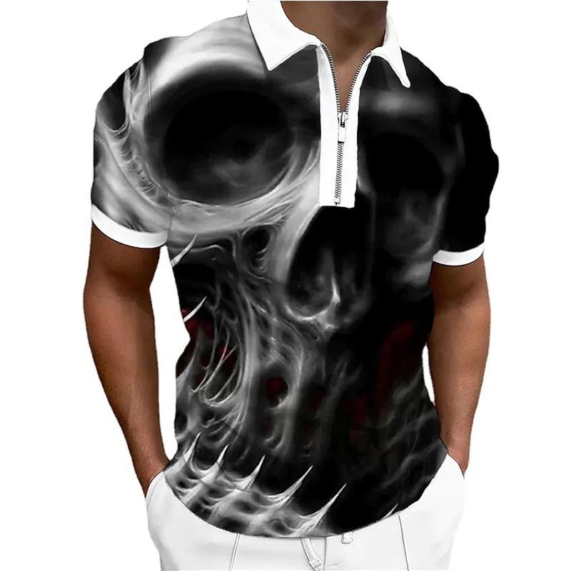 Skull Candy Print Short Sleeve Polo, Trendy Casual Zip-Up Polo