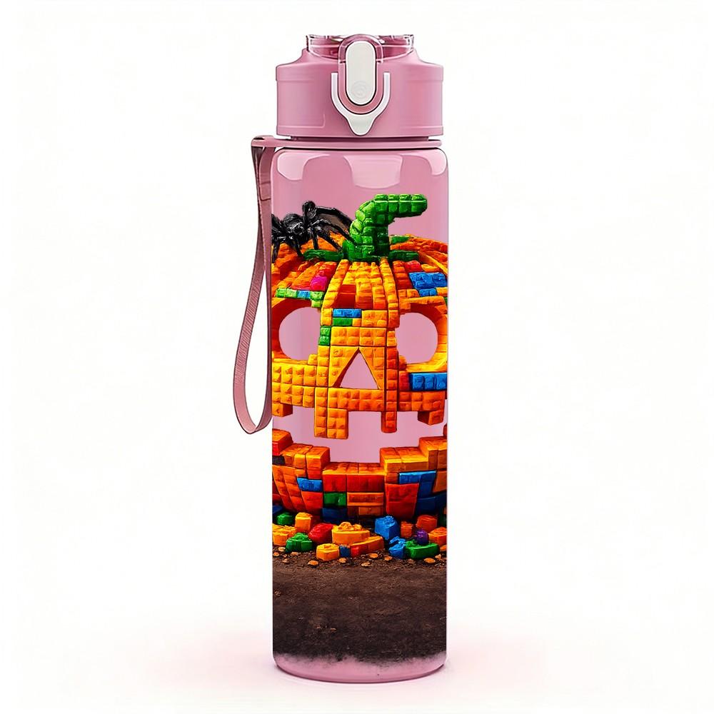 1PC Pumpkin Halloween Smile Cartoon Print 750ml Color Plastic Sports Water Bottle Leakproof Flip Straw Lid Suitable for Sports Office Home Use