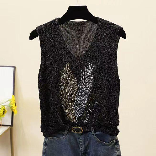 2023 Shiny Silk Sleeveless V-Neck Women's Vest - Spring/Summer New Style, Loose Fit with Hot Diamond Sling Knitted Design