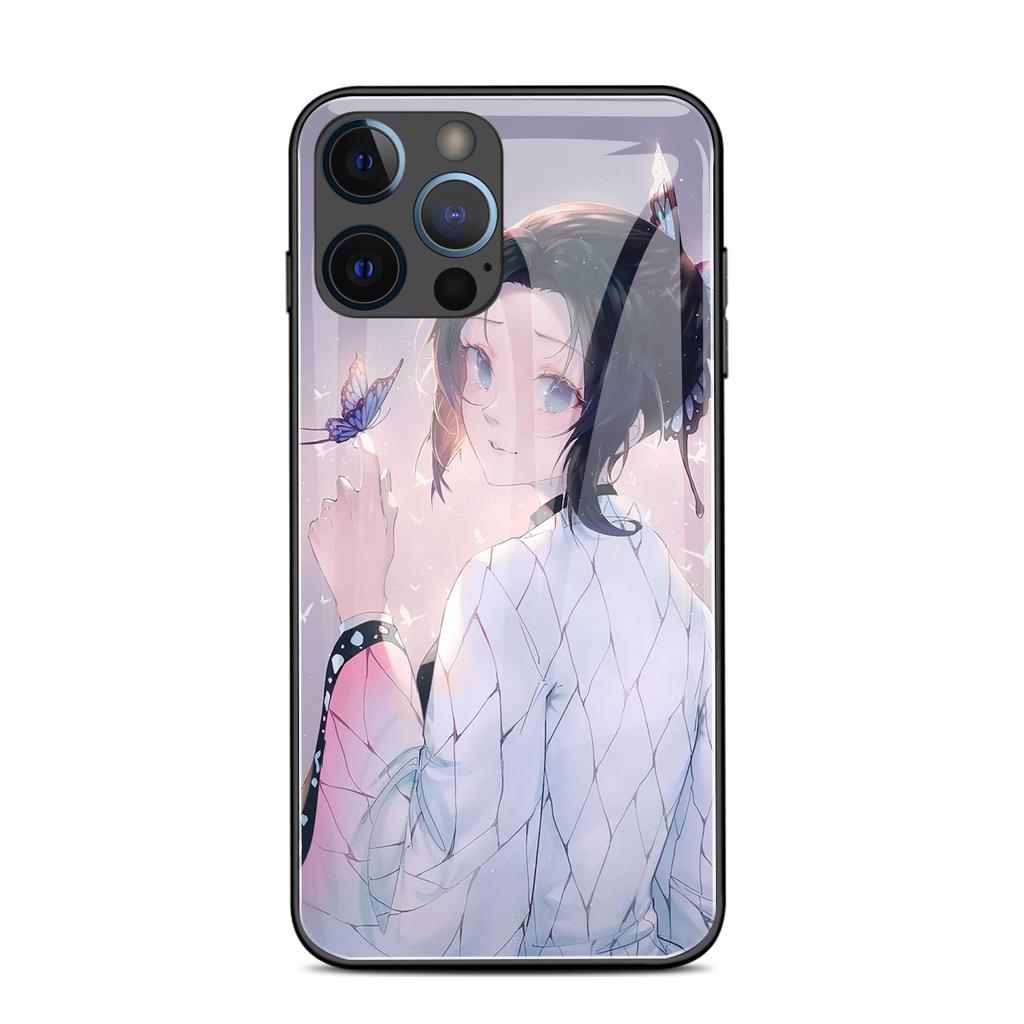 Japanische Demon Slayer Cartoon Handyhülle mit Rückseite aus gehärtetem Glas für iPhone 6 7 8 14 Plus X Xs Max Xr 11 12 13 14 Pro Max Se
