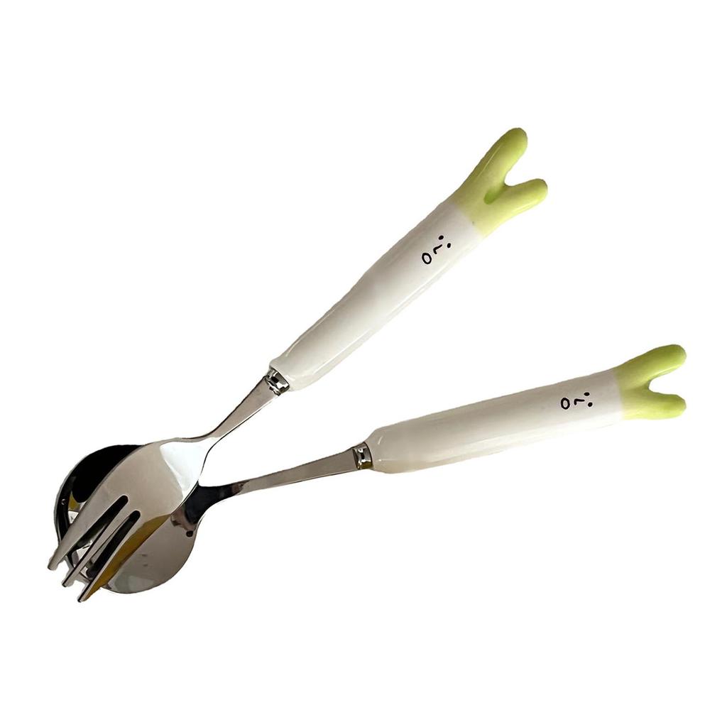 Cartoon Fork Spoon Cute Green Onion Lightweight Stainless Steel Ceramic Cutlery Set for Living Room