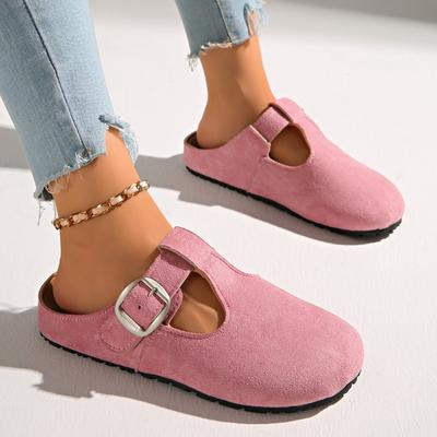 Fashion Fleece Bread Toe Slippers Autumn New Round Toe Deep Mouth Metal Buckle Slip Slip Flats with Soft Sole