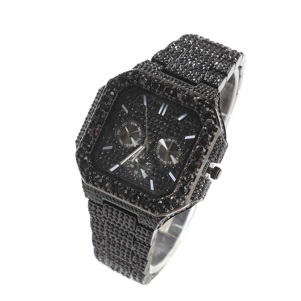 THE BLING KING Iced Out Green Emerald Crystal Square Men Quartz Watch Black Plated Multi Dial Calendar Week Luxury Wristwatch