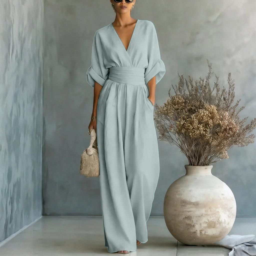Women’s Wide Leg V Neck Jumpsuit with Waist Detail Elegant Loose Fit One Piece Outfit for Daily and Formal Occasions