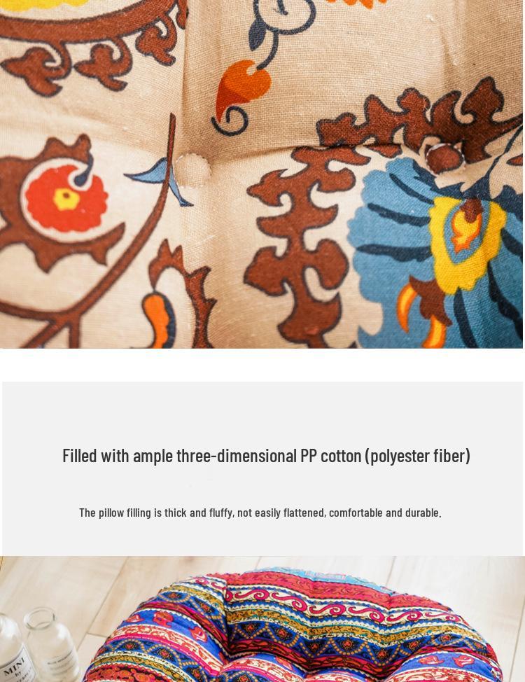 Ethnic Fabric Thickened Round Cotton Linen Cushion for Bay Window, Tatami, Prayer, Teahouse, or Yoga.