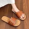 2025 Summer New Temperament Beach Cool Slippers Women's Matte Leather Imitation Leather Round Head Korean Version Open-toed Slippers