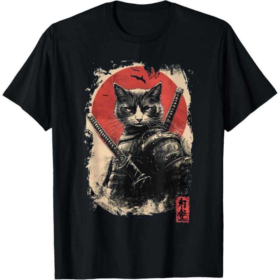 CwqlzXaiQwq Vintage Japanese Art Anime Graphic Samurai cat Warrior T-Shirt XXXXXL чёрный