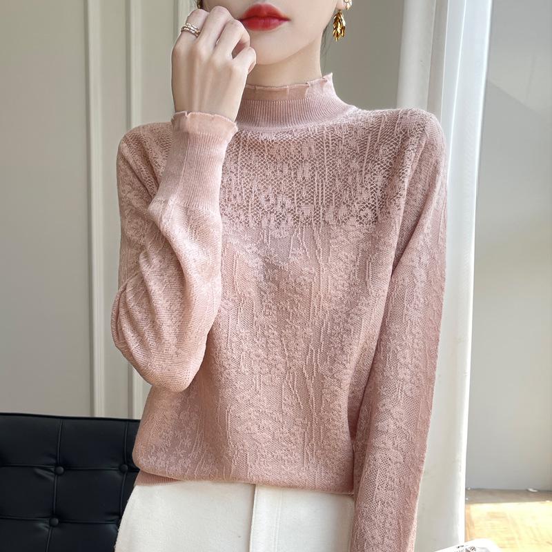 

Женский кружевной трикотажный топ 2024 года: Стильный свитер больших размеров с полувысоким воротником на весну и осень L (105-120 jin) розовый