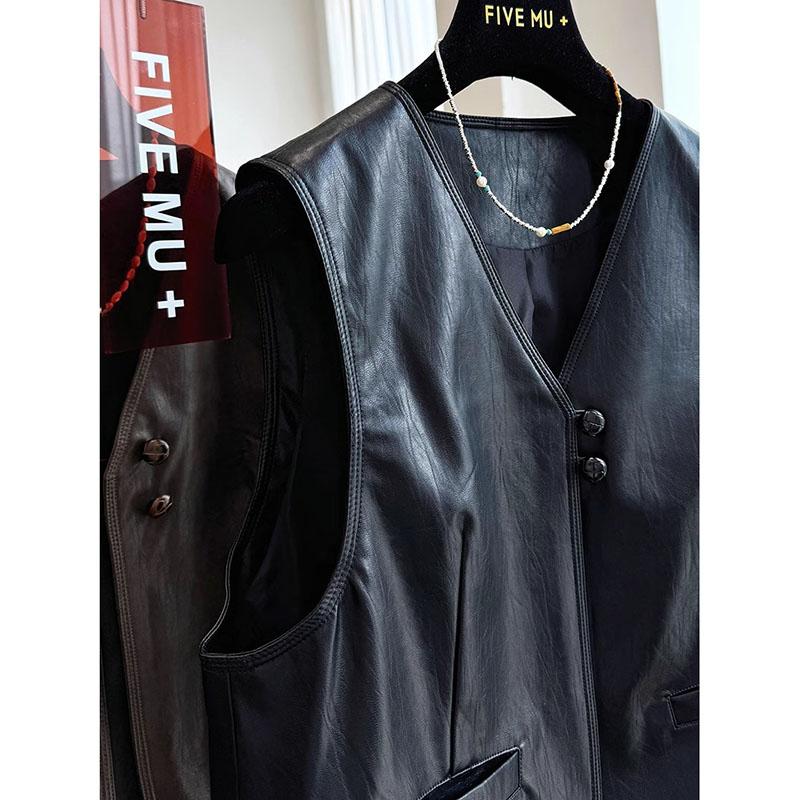 Spring Autumn Retro Style Fashion Women's Suit Vest Jacket Sleeveless Korean Version Ladies Leather WaistCoat Coat